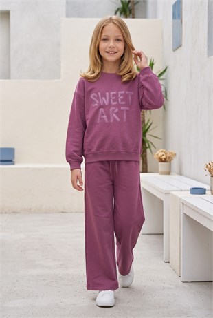 Kız Çocuk Sweet Art Yazı Baskılı Baskılı %100 Pamuk İki İplik Kumaş Cepli Bol Paça Pantolonlu Takım