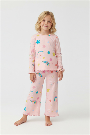Kız Çocuk Tokalı Gökkuşağı Baskılı %100 Pamuk Uzun Kollu Pijama Takımı