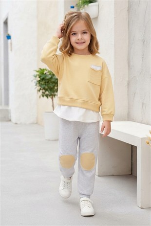 Üniseks Bebek Kare Cepli %100 Pamuk İki İplik Fırçalı Kumaş Diz Yamalı Takım