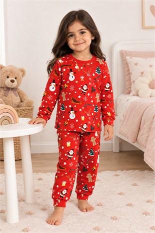 Üniseks Bebek Yılbaşı Desenli %100 Pamuk Reaktif Boyama İnterlok Kumaş Uzun Kollu Pijama Takımı