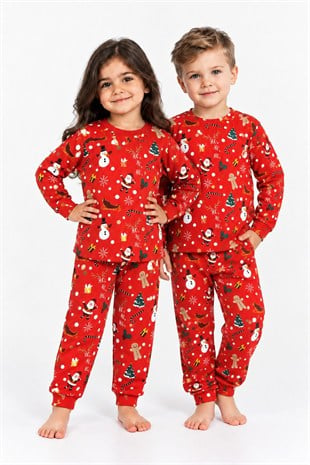 Üniseks Bebek Yılbaşı Desenli %100 Pamuk Reaktif Boyama İnterlok Kumaş Uzun Kollu Pijama Takımı