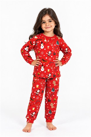 Üniseks Bebek Yılbaşı Desenli %100 Pamuk Reaktif Boyama İnterlok Kumaş Uzun Kollu Pijama Takımı