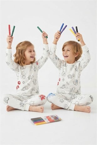 Üniseks Çocuk Boyanabilir Desenli %100 Pamuk Süprem Kumaş Uzun Kollu Pijama Takımı