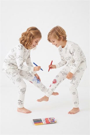 Üniseks Çocuk Boyanabilir Desenli %100 Pamuk Süprem Kumaş Uzun Kollu Pijama Takımı