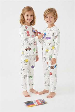Üniseks Çocuk Boyanabilir Desenli %100 Pamuk Süprem Kumaş Uzun Kollu Pijama Takımı