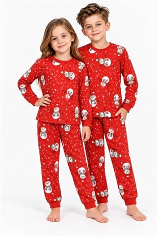 Üniseks Çocuk Kardan Adam Desenli %100 Pamuk Reaktif Boyama Süprem Kumaş Uzun Kollu Pijama Takımı