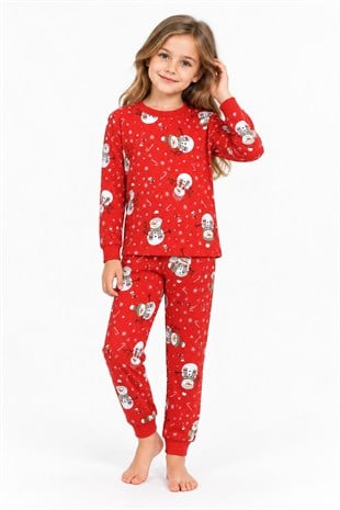 Üniseks Çocuk Kardan Adam Desenli %100 Pamuk Reaktif Boyama Süprem Kumaş Uzun Kollu Pijama Takımı