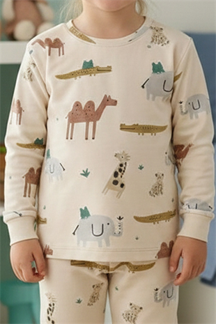 Uniseks Çocuk Safari Hayvanları Desenli %100 Pamuk Reaktif Boyalı İnterlok Kumaş Uzun Kollu Pijama Takımı