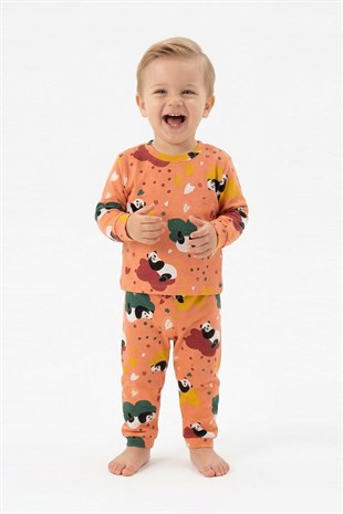 Unisex Panda ve Kalp Desenli %100 Pamuk Reaktif Boyama İnterlok Kumaş Uzun Kollu Pijama Takımı