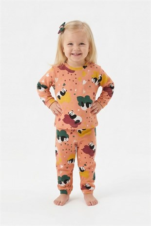Unisex Panda ve Kalp Desenli %100 Pamuk Reaktif Boyama İnterlok Kumaş Uzun Kollu Pijama Takımı
