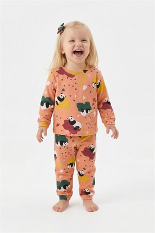 Unisex Panda ve Kalp Desenli %100 Pamuk Reaktif Boyama İnterlok Kumaş Uzun Kollu Pijama Takımı