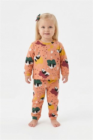 Unisex Panda ve Kalp Desenli %100 Pamuk Reaktif Boyama İnterlok Kumaş Uzun Kollu Pijama Takımı