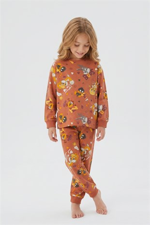 Unisex Tavşan Ve Ördek Desenli %100 Pamuk Reaktif Boyalı Süprem Kumaş Uzun Kollu Pijama Takımı