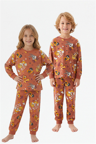 Unisex Tavşan Ve Ördek Desenli %100 Pamuk Reaktif Boyalı Süprem Kumaş Uzun Kollu Pijama Takımı