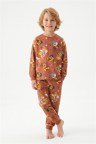 Unisex Tavşan Ve Ördek Desenli %100 Pamuk Reaktif Boyalı Süprem Kumaş Uzun Kollu Pijama Takımı