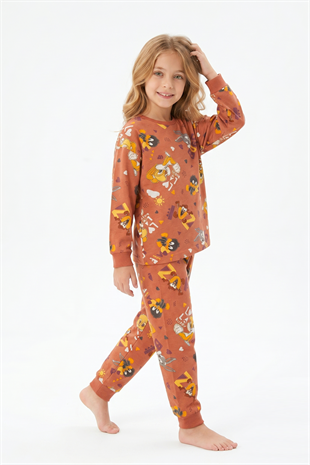 Unisex Tavşan Ve Ördek Desenli %100 Pamuk Reaktif Boyalı Süprem Kumaş Uzun Kollu Pijama Takımı