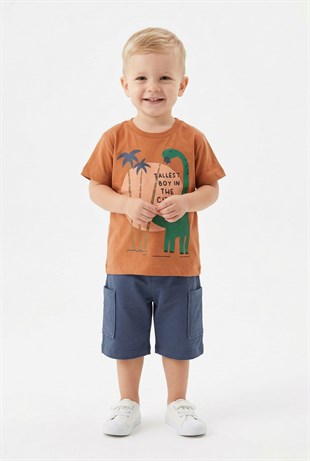 Bebek Dinozor Baskılı %100 Cotton Süprem Kumaş Kısa Kollu Tişört Ve Şortlu Takım