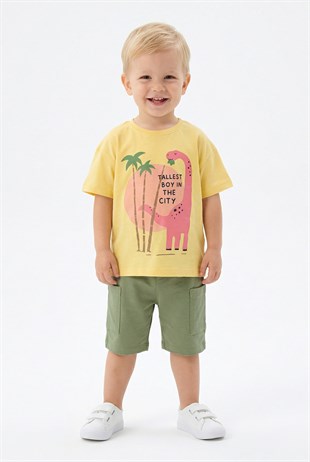 Bebek Dinozor Baskılı %100 Cotton Süprem Kumaş Kısa Kollu Tişört Ve Şortlu Takım