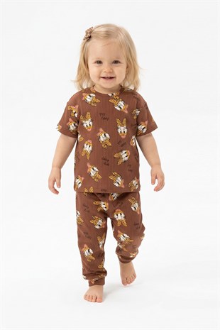 Bebek  Ördek Figürlü ve Leopar Fiyonk Desenli %100 Pamuk İnterlok Kumaş Kısa Kollu Pijama Takımı