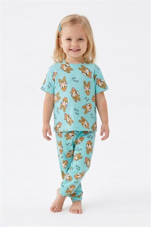 Bebek  Ördek Figürlü ve Leopar Fiyonk Desenli %100 Pamuk İnterlok Kumaş Kısa Kollu Pijama Takımı