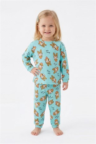 Bebek  Ördek Figürlü ve Leopar Fiyonk Desenli %100 Pamuk İnterlok Kumaş Kısa Kollu Pijama Takımı