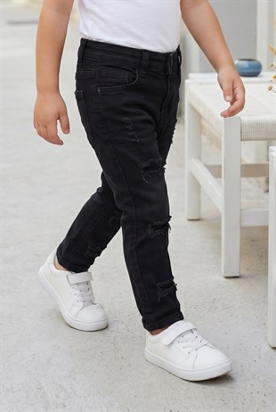 Bebek Yırtık Detaylı Dar Paça Beli Lastikli Likralı Esnek Kot Pantolon
