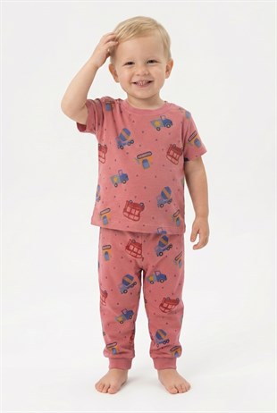 Erkek Bebek Araba Desenli  %100 Pamuk Reaktif Boyalı Süprem Kumaş Kısa Kollu Pijama Takımı