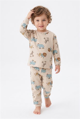 Erkek Bebek Safari Hayvanları Baskılı  %100 Pamuk Süprem Kumaş Uzun Kollu Pijama Takımı