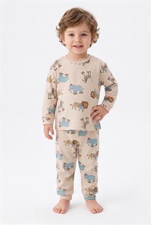 Erkek Bebek Safari Hayvanları Baskılı  %100 Pamuk Süprem Kumaş Uzun Kollu Pijama Takımı