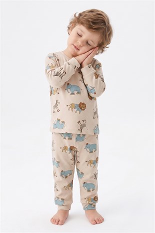 Erkek Bebek Safari Hayvanları Baskılı  %100 Pamuk Süprem Kumaş Uzun Kollu Pijama Takımı
