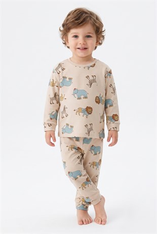 Erkek Bebek Safari Hayvanları Baskılı  %100 Pamuk Süprem Kumaş Uzun Kollu Pijama Takımı