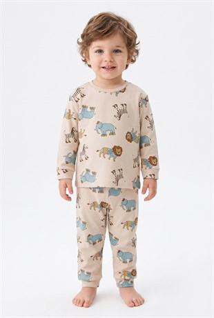 Erkek Bebek Safari Hayvanları Baskılı  %100 Pamuk Süprem Kumaş Uzun Kollu Pijama Takımı