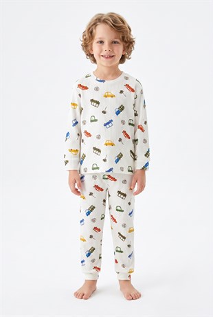 Erkek Çocuk %100 Pamuk Reaktif Boyalı İnterlok Kumaş Eğlenceli Araç Baskılı Pijama Takımı