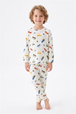 Erkek Çocuk %100 Pamuk Reaktif Boyalı İnterlok Kumaş Eğlenceli Araç Baskılı Pijama Takımı