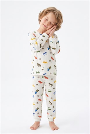 Erkek Çocuk %100 Pamuk Reaktif Boyalı İnterlok Kumaş Eğlenceli Araç Baskılı Pijama Takımı