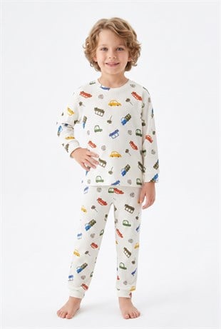 Erkek Çocuk %100 Pamuk Reaktif Boyalı İnterlok Kumaş Eğlenceli Araç Baskılı Pijama Takımı