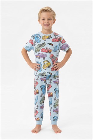 Erkek Çocuk Araba Baskılı %100 Pamuk Reaktif Boyama Süprem Pijama Takımı