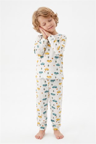 Erkek Çocuk Araba ve Ağaç Desenli %100 Pamuk Süprem Kumaş Uzun Kollu Pijama Takımı