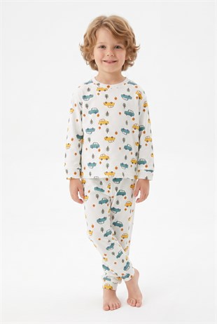 Erkek Çocuk Araba ve Ağaç Desenli %100 Pamuk Süprem Kumaş Uzun Kollu Pijama Takımı