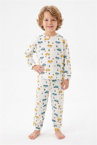 Erkek Çocuk Araba ve Ağaç Desenli %100 Pamuk Süprem Kumaş Uzun Kollu Pijama Takımı