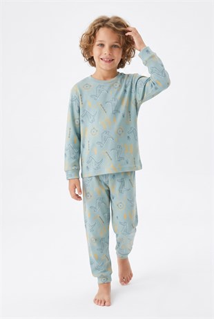 Erkek Çocuk Aslan Ve Timsah Baskılı %100 Pamuk İnterlok Kumaş Uzun Kollu Pijama Takımı