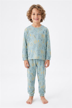 Erkek Çocuk Aslan Ve Timsah Baskılı %100 Pamuk İnterlok Kumaş Uzun Kollu Pijama Takımı
