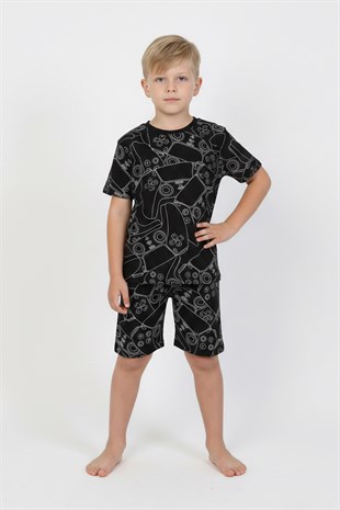 Erkek Çocuk Çoklu Gülen Yüz Baskılı %100 Pamuk Reaktif Boyama Süprem Şortlu Pijama Takımı