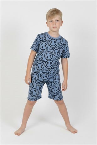 Erkek Çocuk Çoklu Gülen Yüz Baskılı %100 Pamuk Reaktif Boyama Süprem Şortlu Pijama Takımı