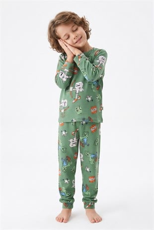 Erkek Çocuk Desenli %100 Pamuk Reaktif Boyalı İnterlok Kumaş Uzun Kollu Pijama Takımı