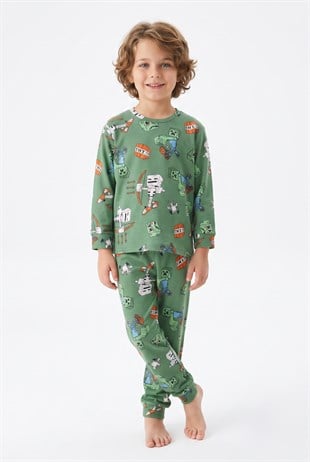 Erkek Çocuk Desenli %100 Pamuk Reaktif Boyalı İnterlok Kumaş Uzun Kollu Pijama Takımı