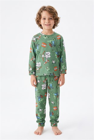 Erkek Çocuk Desenli %100 Pamuk Reaktif Boyalı İnterlok Kumaş Uzun Kollu Pijama Takımı