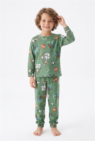 Erkek Çocuk Desenli %100 Pamuk Reaktif Boyalı İnterlok Kumaş Uzun Kollu Pijama Takımı
