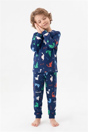 Erkek Çocuk Dinozor Desenli %100 Pamuk Reaktif Boyalı İnterlok Kumaş Uzun Kollu Pijama Takımı