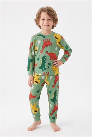 Erkek Çocuk Dinozor Desenli %100 Pamuk Reaktif Boyalı Süprem Kumaş Uzun Kollu Pijama Takımı